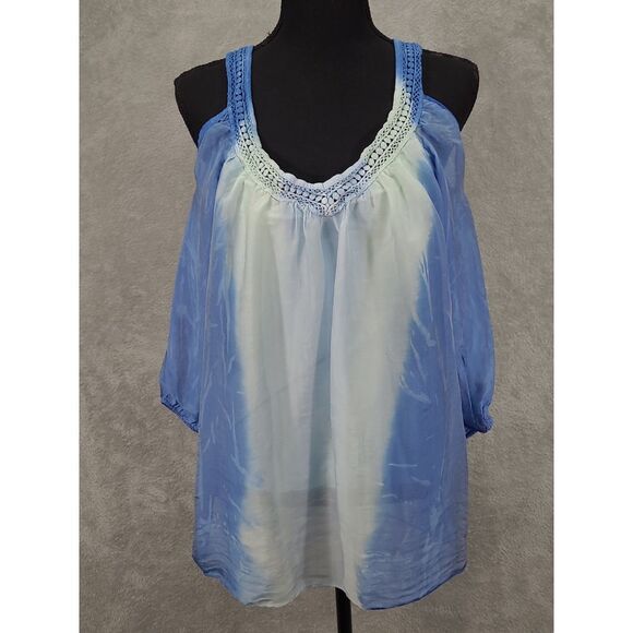 Belle France Cut Out Shoulder Ethereal Silk Blouse Sz S Blue Made in Italy Ombre - Picture 2 of 10